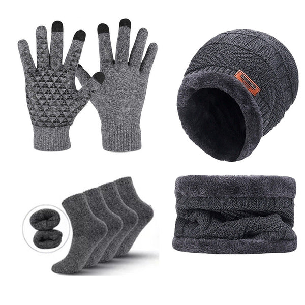 Grey Men's 5 Piece Winter Essentials Set Lined Beanie Hat Neck Warmer Touchscreen Gloves & 2 Pairs Thermal Socks Scarves