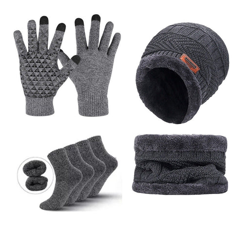 Grey Men's 5 Piece Winter Essentials Set Lined Beanie Hat Neck Warmer Touchscreen Gloves & 2 Pairs Thermal Socks Scarves