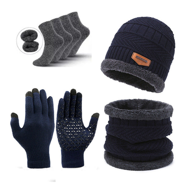 Dark Blue Men's 5 Piece Winter Essentials Set Lined Beanie Hat Neck Warmer Touchscreen Gloves & 2 Pairs Thermal Socks Scarves