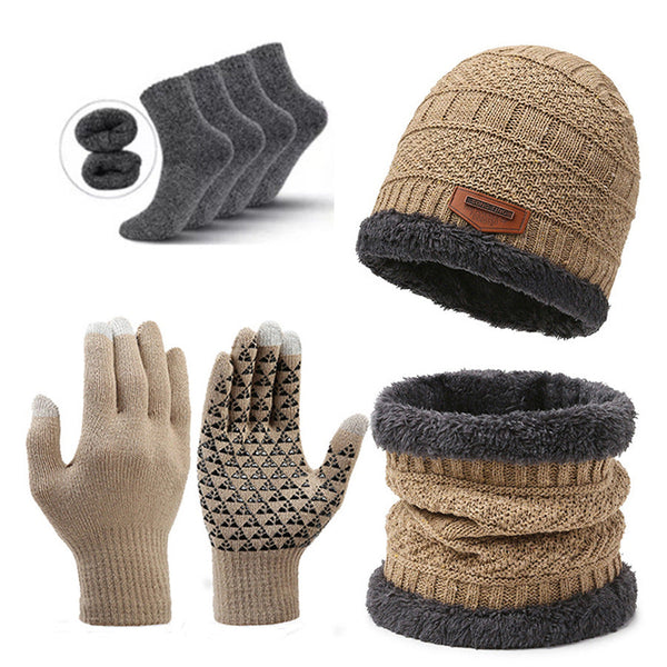 Khaki Men's 5 Piece Winter Essentials Set Lined Beanie Hat Neck Warmer Touchscreen Gloves & 2 Pairs Thermal Socks Scarves