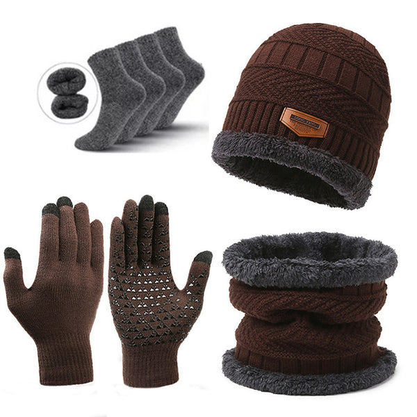 Brown Men's 5 Piece Winter Essentials Set Lined Beanie Hat Neck Warmer Touchscreen Gloves & 2 Pairs Thermal Socks Scarves