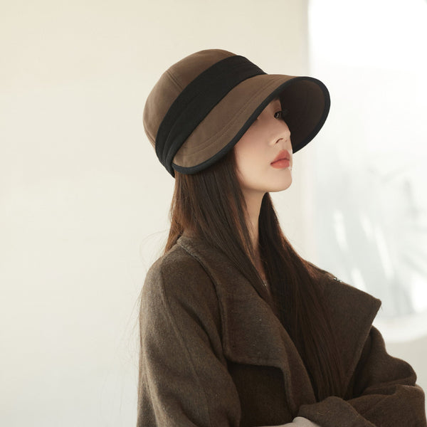 Coffee Elegant Warm Bucket Hat Minimalist Color Block Design Face Slimming Style For Autumn & Winter Hats