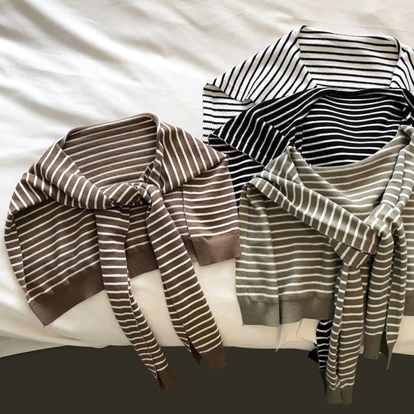 White Chic Striped Knit Tie Front Shawl Lightweight Versatile Layering Capelet For Women Scarves & Wraps