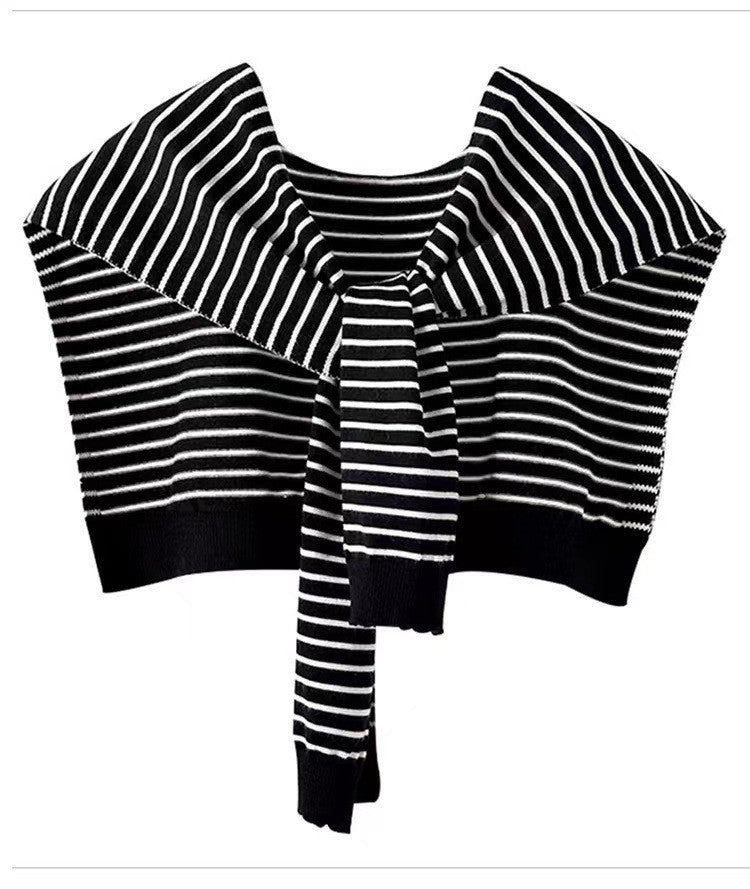 Black Chic Striped Knit Tie Front Shawl Lightweight Versatile Layering Capelet For Women Scarves & Wraps
