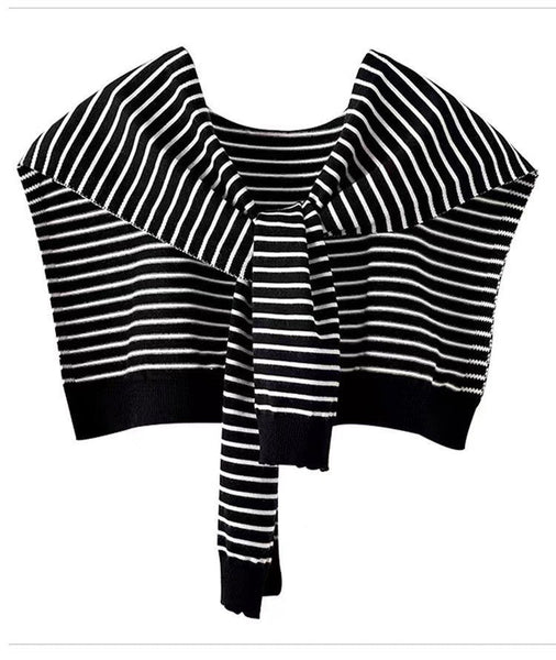 Black Chic Striped Knit Tie Front Shawl Lightweight Versatile Layering Capelet For Women Scarves & Wraps