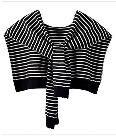 Black Chic Striped Knit Tie Front Shawl Lightweight Versatile Layering Capelet For Women Scarves & Wraps