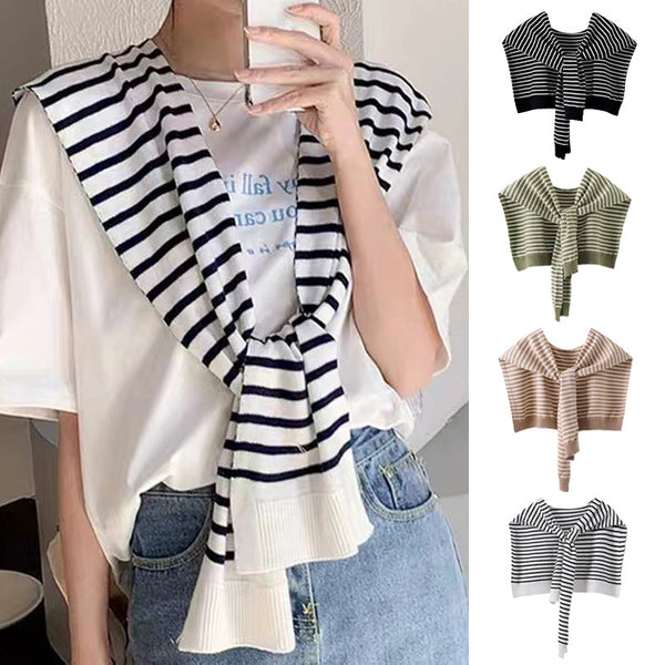 Green Chic Striped Knit Tie Front Shawl Lightweight Versatile Layering Capelet For Women Scarves & Wraps