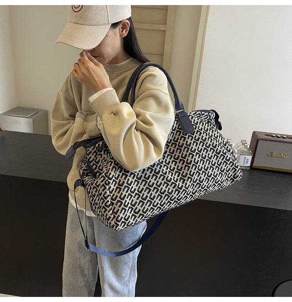 Dark Blue Stylish Geometric Pattern Travel Duffel Bag Large Capacity Lightweight Weekender & Gym Bag Duffle Bags