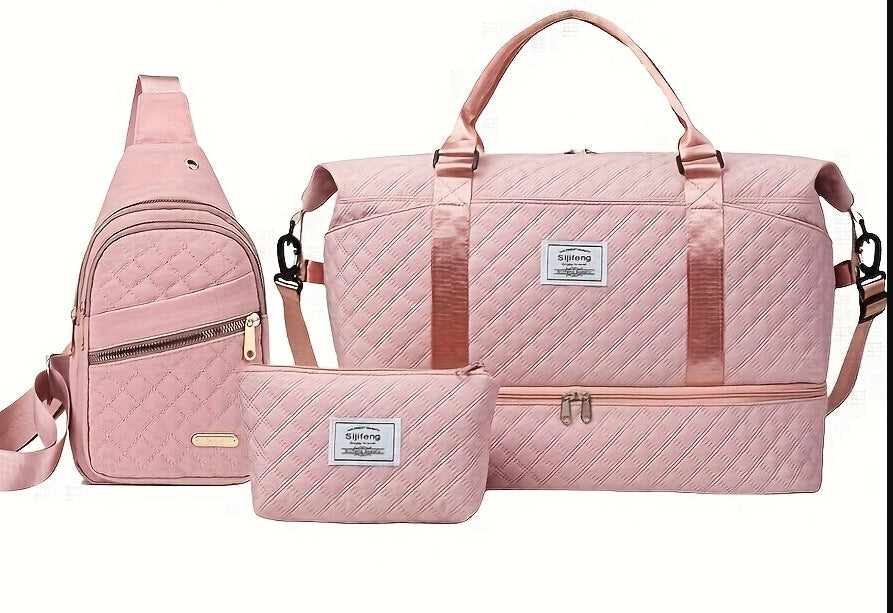 Pink Chic 3 Piece Quilted Travel Bag Set Duffel Crossbody Sling & Toiletry Pouch Large Capacity Lightweight Luggage Sets