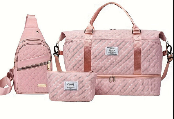 Pink Chic 3 Piece Quilted Travel Bag Set Duffel Crossbody Sling & Toiletry Pouch Large Capacity Lightweight Luggage Sets
