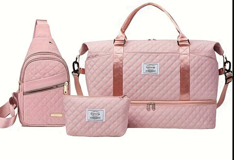 Pink Chic 3 Piece Quilted Travel Bag Set Duffel Crossbody Sling & Toiletry Pouch Large Capacity Lightweight Luggage Sets