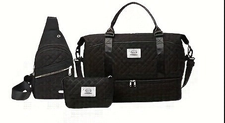 Black Chic 3 Piece Quilted Travel Bag Set Duffel Crossbody Sling & Toiletry Pouch Large Capacity & Lightweight Luggage Sets
