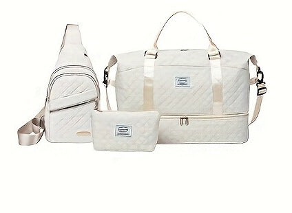 White Chic 3 Piece Quilted Travel Bag Set Duffel Crossbody Sling & Toiletry Pouch Large Capacity Lightweight Luggage Sets