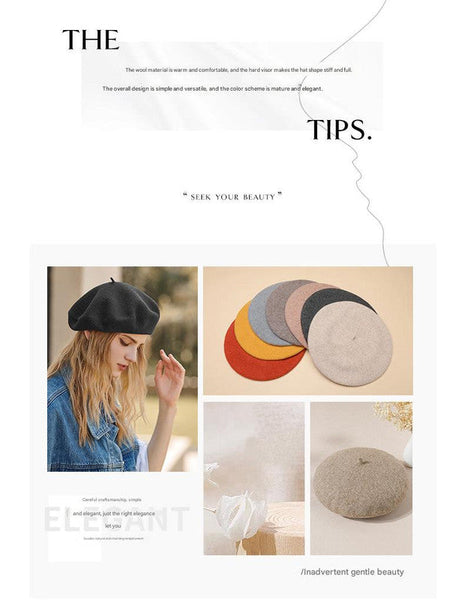 Blue Elegant Wool Beret Classic Warm Thick British Style Hat For Autumn & Winter Hats