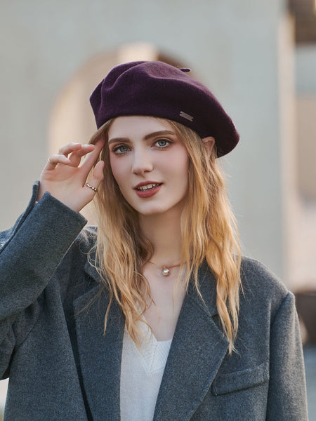 Dark Purple Elegant Wool Beret Classic Warm Thick British Style Hat For Autumn & Winter Hats