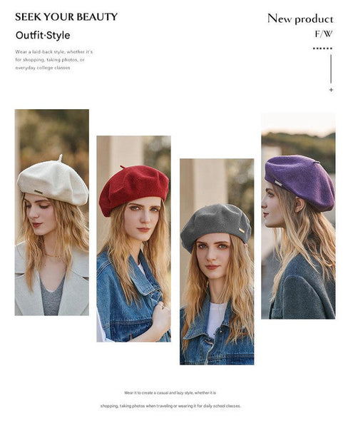 Green Elegant Wool Beret Classic Warm Thick British Style Hat For Autumn & Winter Hats