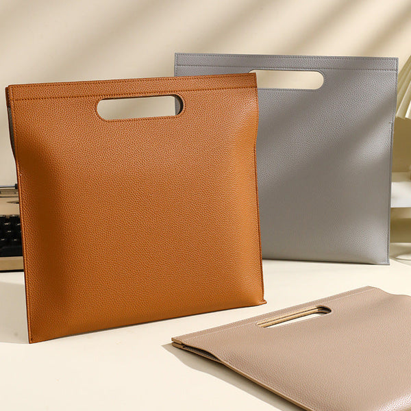 Beige Professional A4 Pu Leather Document Bag Waterproof Handheld File Folder Portfolio For Business & Conference Id & Document Holders