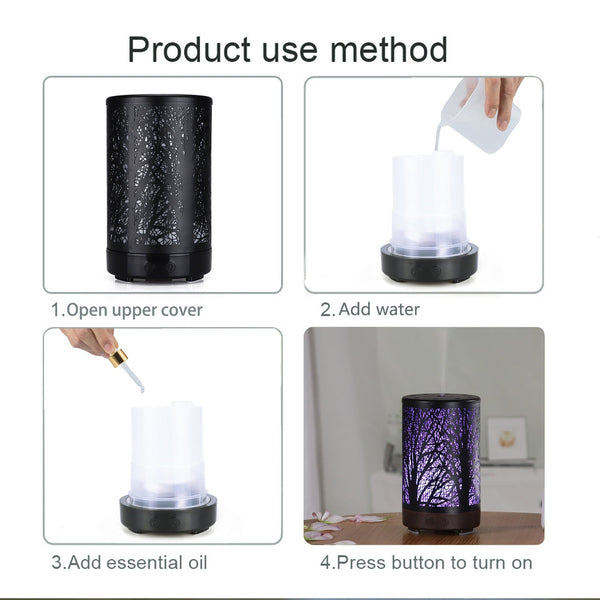 Coffee And Black Forest Design Iron Essential Oil Diffuser 7 Color Led Ultrasonic Cool Mist Humidifier 100Ml Diffusers