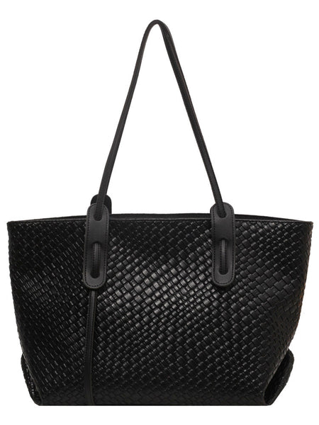 Black Chic Woven Pu Leather Tote Bag Large Capacity Casual Shoulder & Handbag For Women Women's Bags & Handbags