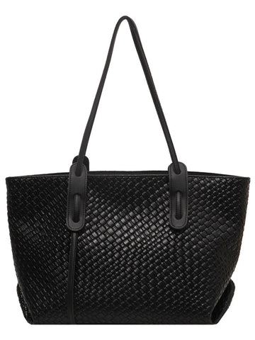 Black Chic Woven Pu Leather Tote Bag Large Capacity Casual Shoulder & Handbag For Women Women's Bags & Handbags