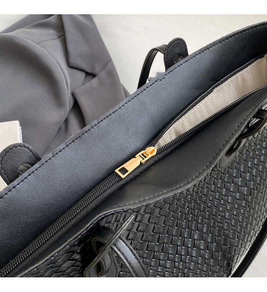 Black Chic Woven Pu Leather Tote Bag Large Capacity Casual Shoulder & Handbag For Women Women's Bags & Handbags