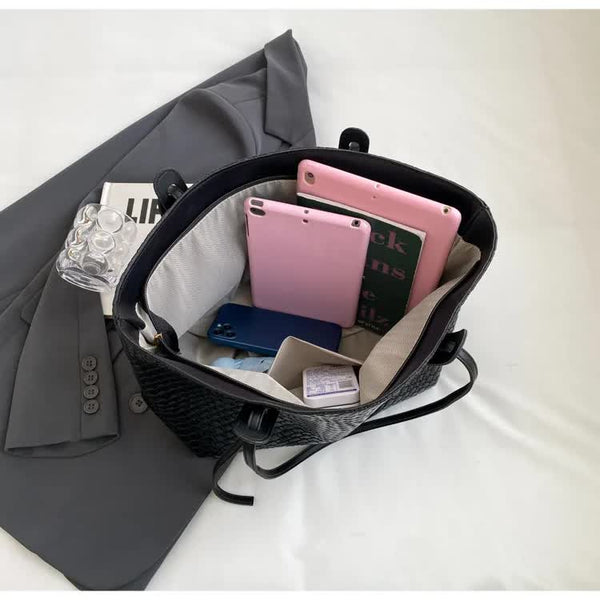 Black Chic Woven Pu Leather Tote Bag Large Capacity Casual Shoulder & Handbag For Women Women's Bags & Handbags