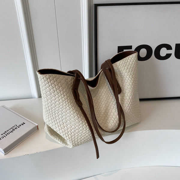 Beige And Brown Chic Woven Pu Leather Tote Bag Large Capacity Casual Shoulder & Handbag For Women Women's Bags & Handbags