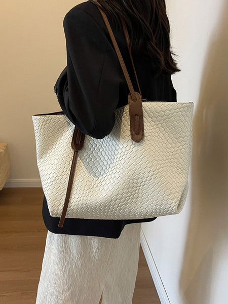 Beige And Brown Chic Woven Pu Leather Tote Bag Large Capacity Casual Shoulder & Handbag For Women Women's Bags & Handbags