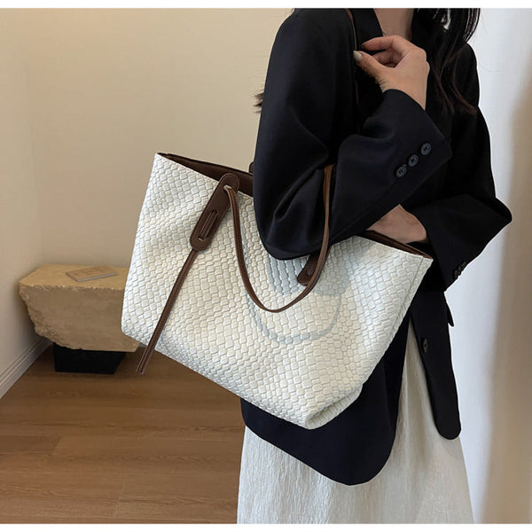 Beige And Brown Chic Woven Pu Leather Tote Bag Large Capacity Casual Shoulder & Handbag For Women Women's Bags & Handbags