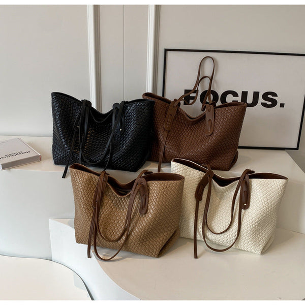 Beige And Brown Chic Woven Pu Leather Tote Bag Large Capacity Casual Shoulder & Handbag For Women Women's Bags & Handbags