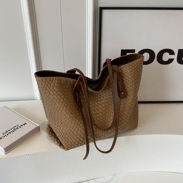 Khaki And Brown Chic Woven Pu Leather Tote Bag Large Capacity Casual Shoulder & Handbag For Women Women's Bags & Handbags