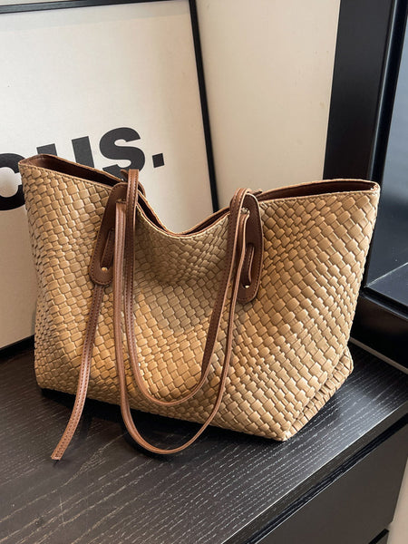 Khaki And Brown Chic Woven Pu Leather Tote Bag Large Capacity Casual Shoulder & Handbag For Women Women's Bags & Handbags