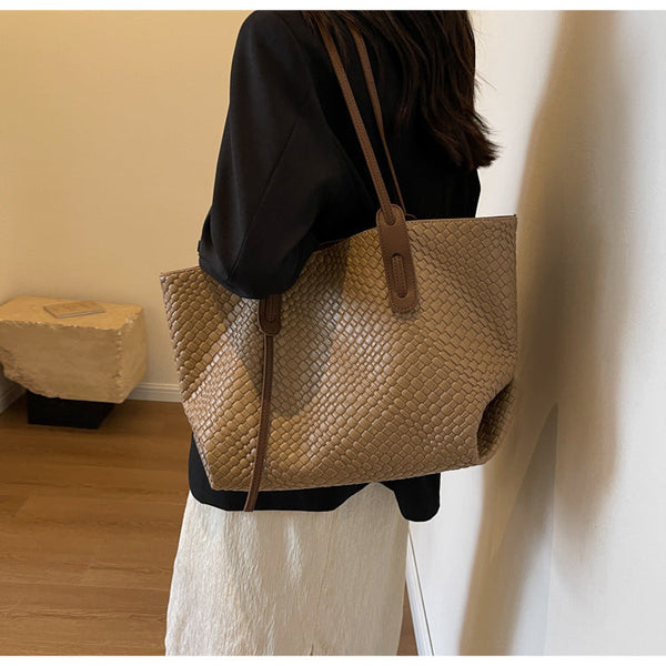 Khaki And Brown Chic Woven Pu Leather Tote Bag Large Capacity Casual Shoulder & Handbag For Women Women's Bags & Handbags