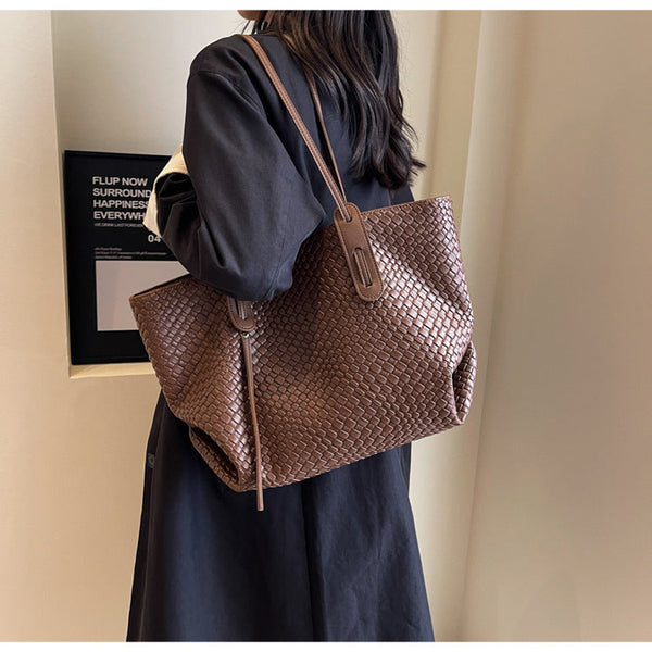 Brown Chic Woven Pu Leather Tote Bag Large Capacity Casual Shoulder & Handbag For Women Women's Bags & Handbags