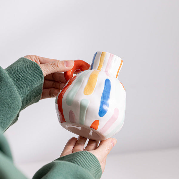 Colorful Charming Hand Painted Ceramic Vase Colourful Striped Jug Style Decorative Accent Vases