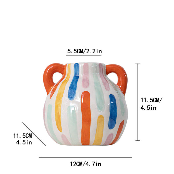 Colorful Artistic Hand Painted Ceramic Vase Dual Handle Pot Style Colourful Striped Home Decor Accent Vases