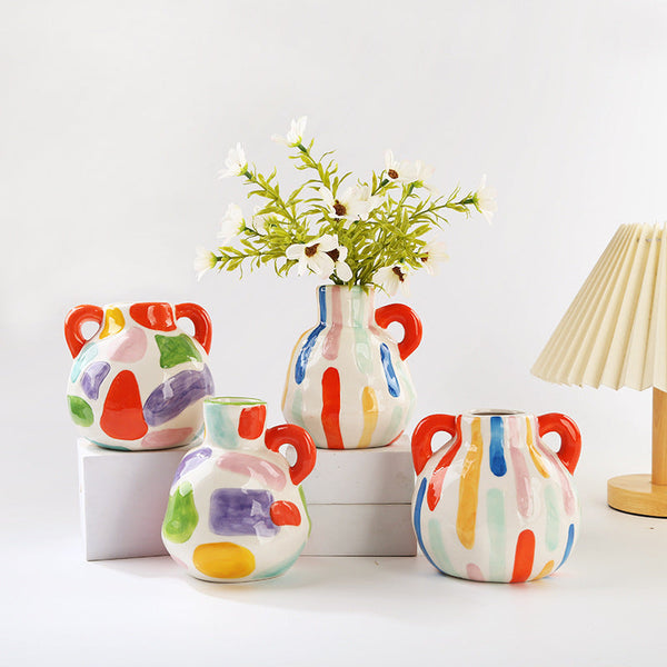 Colorful Artistic Hand Painted Ceramic Vase Dual Handle Pot Style Colourful Striped Home Decor Accent Vases