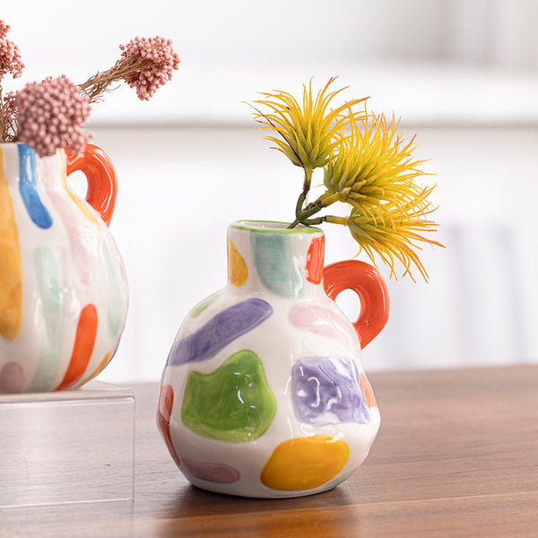 Colorful Artistic Hand Painted Ceramic Vase Dual Handle Pot Style Colourful Striped Home Decor Accent Vases