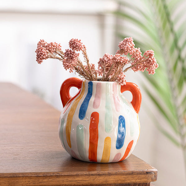 Colorful Artistic Hand Painted Ceramic Vase Dual Handle Pot Style Colourful Striped Home Decor Accent Vases