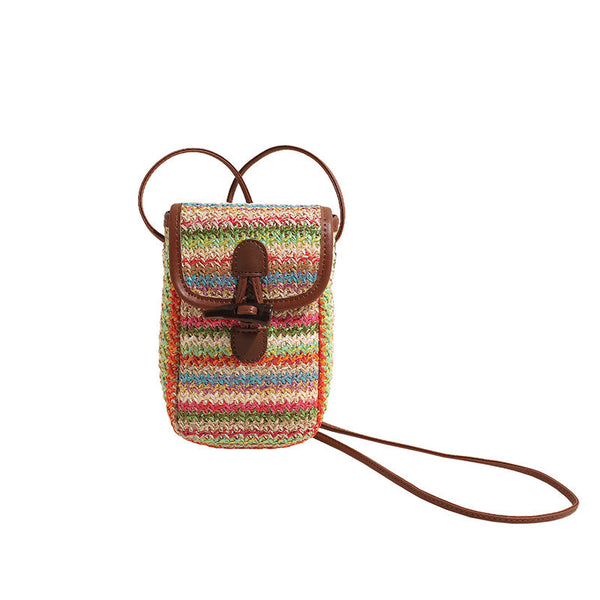 Colorful Boho Chic Woven Straw Crossbody Bag Colourful Striped Mini Phone Pouch With Toggle Closure Women's Bags & Handbags