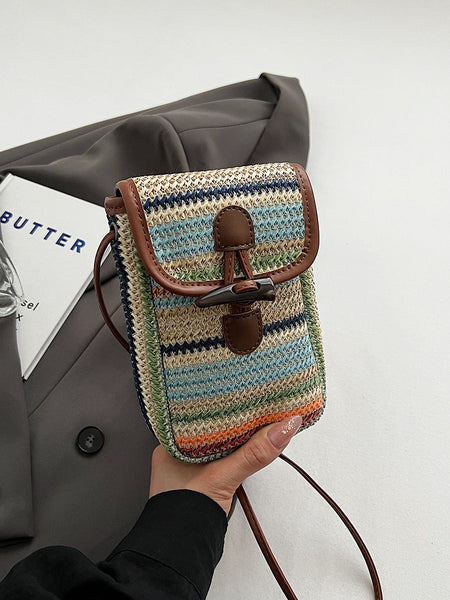 Colorful Boho Chic Woven Straw Crossbody Bag Colourful Striped Mini Phone Pouch With Toggle Closure Women's Bags & Handbags