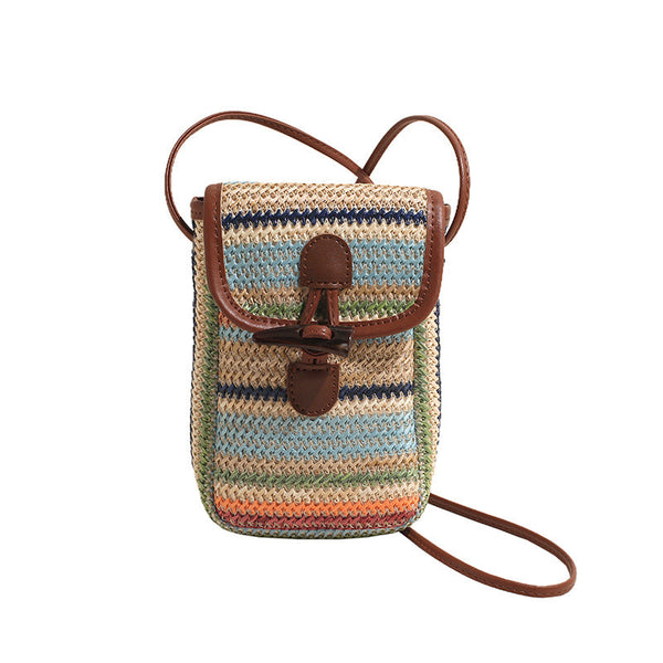 Blue And Khaki Boho Chic Woven Straw Crossbody Bag Colourful Striped Mini Phone Pouch With Toggle Closure Women's Bags & Handbags