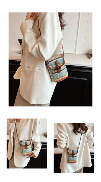 Blue And Khaki Boho Chic Woven Straw Crossbody Bag Colourful Striped Mini Phone Pouch With Toggle Closure Women's Bags & Handbags