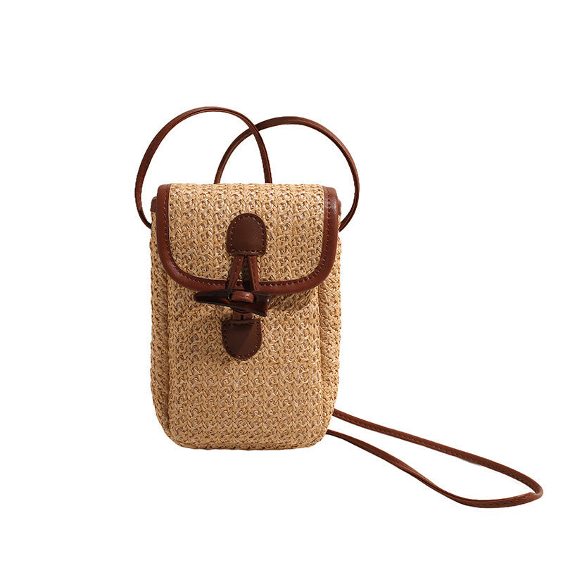 Khaki Boho Chic Woven Straw Crossbody Bag Colourful Striped Mini Phone Pouch With Toggle Closure Women's Bags & Handbags