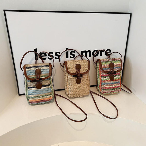 Khaki Boho Chic Woven Straw Crossbody Bag Colourful Striped Mini Phone Pouch With Toggle Closure Women's Bags & Handbags