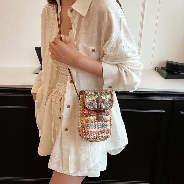 Khaki Boho Chic Woven Straw Crossbody Bag Colourful Striped Mini Phone Pouch With Toggle Closure Women's Bags & Handbags