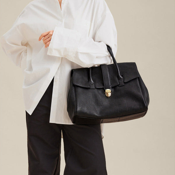 Elosung Size Xl Black Elegant Women's Leather Briefcase Tote Vintage Style Large Capacity Commuter Handbag Premium Cowhide Placeholder