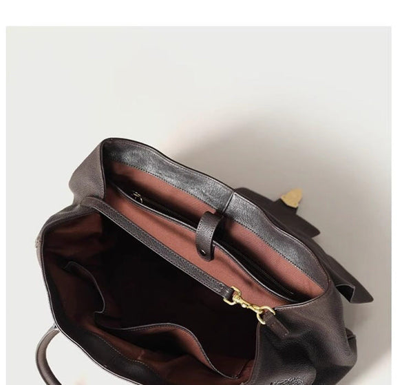 Size Xl Coffee Elegant Women's Leather Briefcase Tote Vintage Style Large Capacity Commuter Handbag Premium Cowhide Women's Bags & Handbags