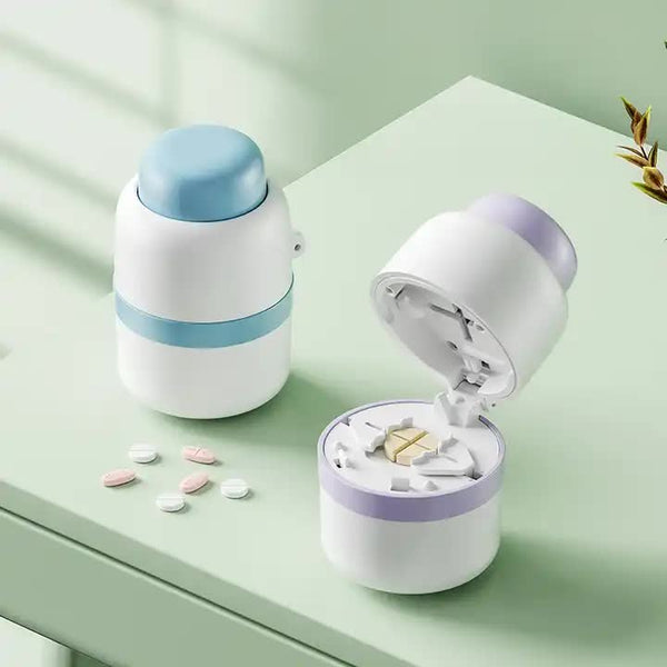 White And Blue 3 In 1 Pill Cutter Crusher & Storage Box Portable Tablet Splitter Grinder For Precise Dosing Pill Boxes