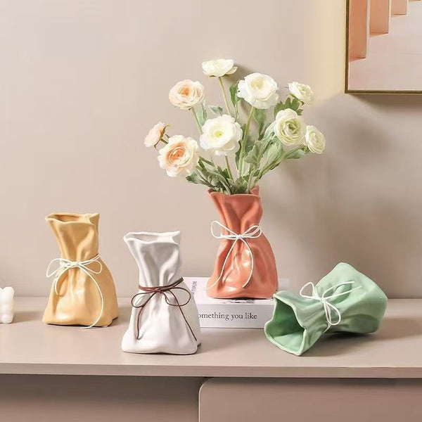 White And Brown Chic Money Bag Inspired Vase Modern Resin Decorative Flower Holder & Tabletop Accent(Use The Mobile Phone As Reference For Size) Vases